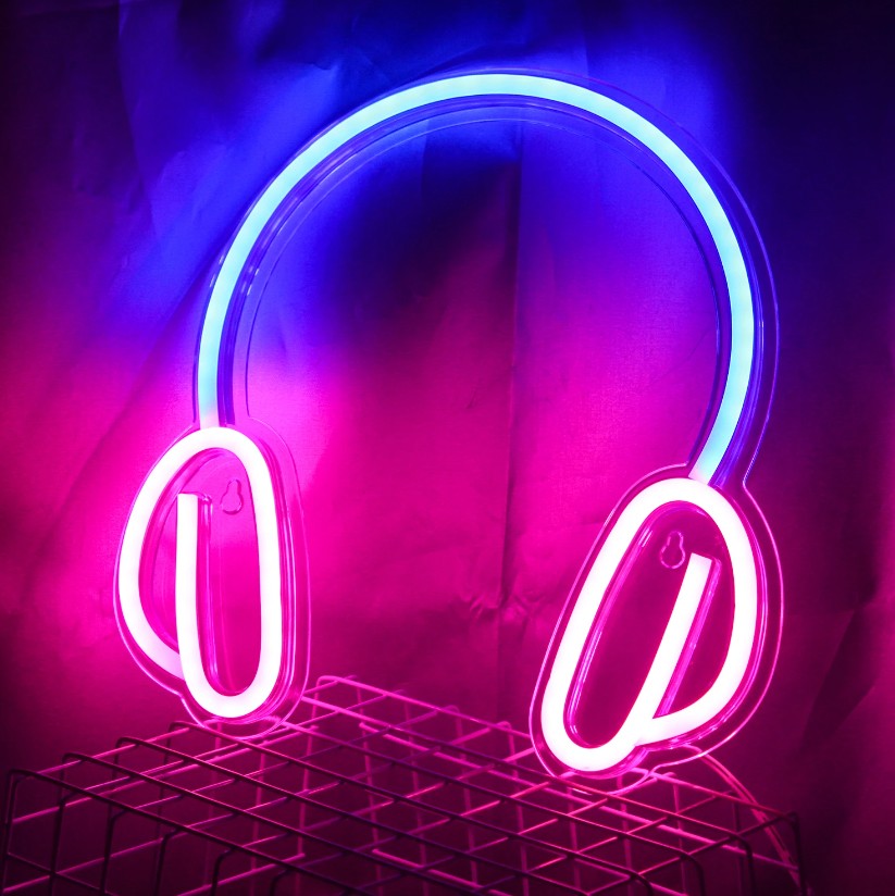 слушалки - светещо LED неоново лого, окачено на стената
