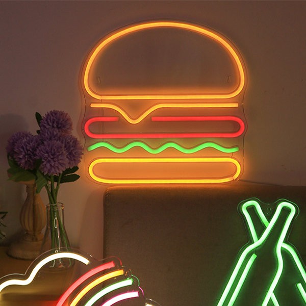 led светеща неонова табела на стената - хамбургер